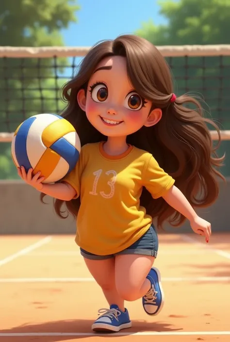 Disney Pixar style one with a volleyball in her hand with long hair and brown eyes plus chubby and court volleyball
On a court that is being cut off 
