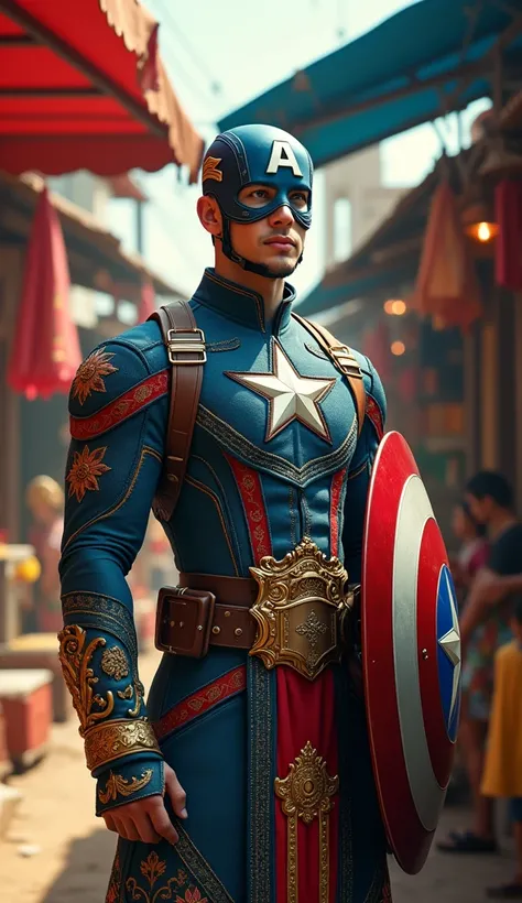 "Captain America wearing a traditional Thai costume, intricately embroidered in blue and gold, paired with his signature shield and mask. Set in a bustling Thai market filled with vibrant stalls, colorful goods, and warm lighting that enhances the rich blu...