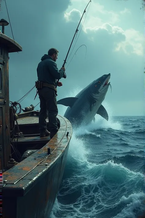 Fisherman on the boat on the high seas catching giant fish 