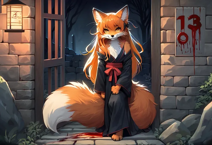 full body、Solo、unpralleled masterpiece、Detailed、 Beautiful、 score_9、 score_8_up、 score_7_up、(Friday the 13th、the number 13 written on a stone wall with blood)、moody atmosphere、mysterious、fox、kitsune、anthro、furry、female、orange fur、(long hair、beautiful hair、...