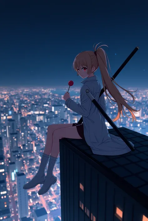 An anime girl wearing a long white jacket, red eyes, long hair in a ponytail, short shorts, sitting on a skyscraper, at night, smiling, with high socks, a long sword on her back and with a lollipop 