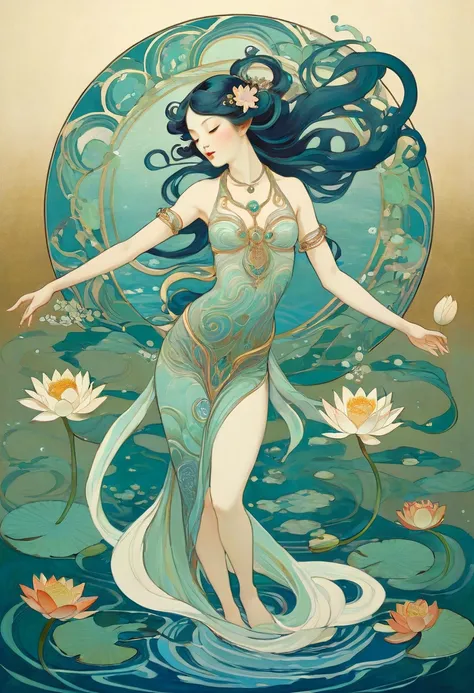  Hallucinatory, Tsuruta Ichiro Style Beauty Painting , Hypnotic Patterns , Abstract, Euphoric,  Fluid Shapes , Art Nouveau Painting ,  jewelry, water lily, prayer,  flat illustration .  negative space in the shape of a dancing womans body.  Japanese Mythol...