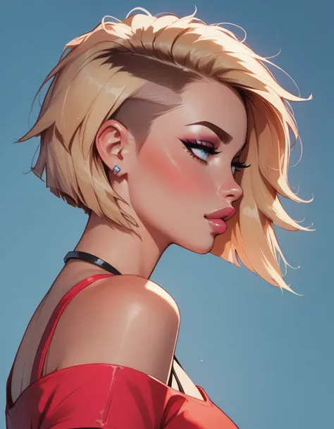 blue red top to bottom color fade, cartoon art illustration, beautiful female face side view, blonde, brunette, blue, pink, short bangs, bob haircut, punk hair