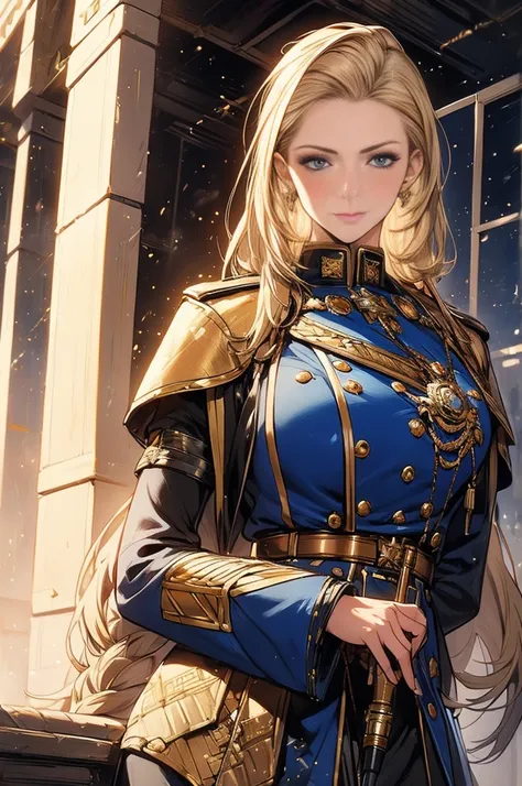 a beautiful woman wearing blue military uniform with golden details, holding rifle, blond hair, extremely detailed face and eyes, realistic, photorealistic, 8k, high quality, detailed painting, cinematic lighting, dramatic, epic, intricate details, digital...