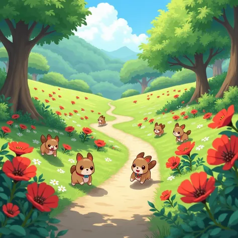  A beautiful, cute and bright natural scene，There are seven or eight small animals ， In the scene, there is a path that winds to the distance ， and lots of red flowers blooming around 