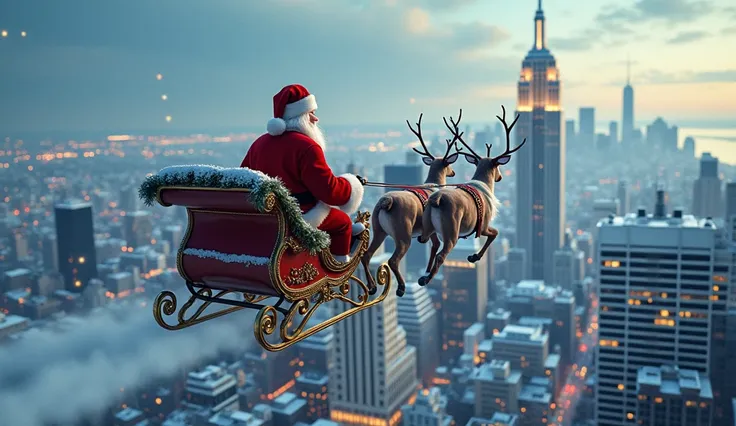 City of new york , snowly , Birds eye view, Santa Claus flies over the city with his sleigh and two deer