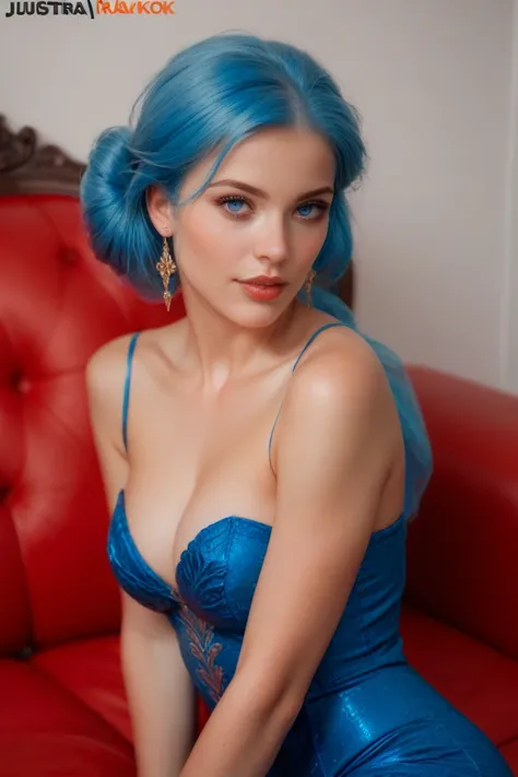 
araffed woman with blue hair sitting on a red couch, a portrait by Emma Andijewska, reddit, arabesque, portrait emily ratajkowski, gorgeous lady, gorgeous woman, justina blakeney, in blue dress, dua lipa, anastasia ovchinnikova, emily ratajkowski, sexy ga...