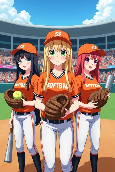  Softball stadium full of fans with 3 female softball players with long black hair, blondes and redheads , with orange ,  shirts that say SOFTBALL on their chest and each one holds a glove in their hands, a yellow softball and an aluminum bat , wearing ora...