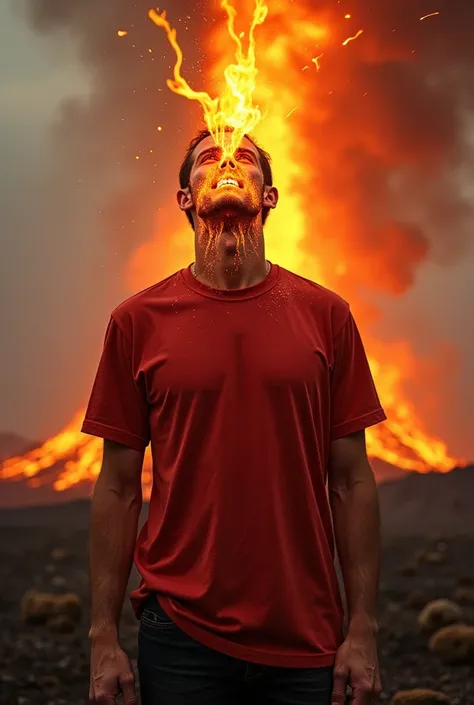 Man wearing red wine t-shirt ,  looking at the erupting volcano on his back with bright rays and flashes

