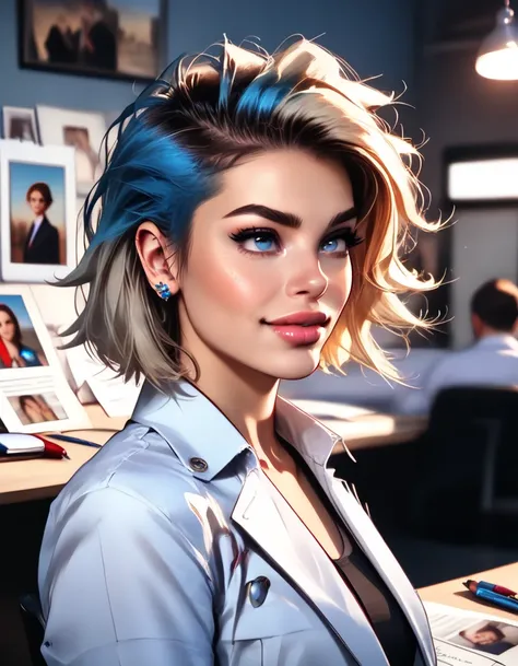 a beautiful woman with blonde and brunette short bob haircut, blue white punk hair, side view portrait, blue to red color fade, cartoon art illustration, (best quality,4k,8k,highres,masterpiece:1.2),ultra-detailed,(realistic,photorealistic,photo-realistic:...