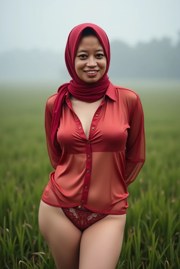 mother (( hijab )) (( pasmina )), from indonesia wearing a very transparent satin shirt of light red color, use transparent thong panties with lace-line motif, red lips,  sweet smile staring at camera ,  bulging round breasts ,  bulging round buttocks , bi...