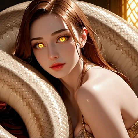 a lamia, half-woman half-snake, beautiful detailed eyes, beautiful detailed lips, extremely detailed eyes and face, banded bra, long eyelashes, intricate scales covering her body, coiled snake-like lower body, ornate jewelry, ethereal mystical background, ...