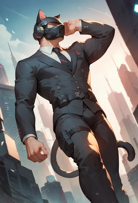 1male,(Muscular),cat tail,cat ears,future mask,no face,future helmet,particles,wide angle lens,thick leg,arm up,profile,chest belt,legring,black socks,suit and tie,hand on bely,clothes lift