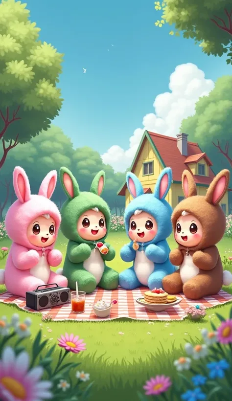 This image depicts a colorful and whimsical outdoor scene featuring several cartoon-like characters dressed in fluffy bunny suits of various colors. These characters are engaging in activities that suggest a fun picnic or gathering:

1. Characters & Costum...