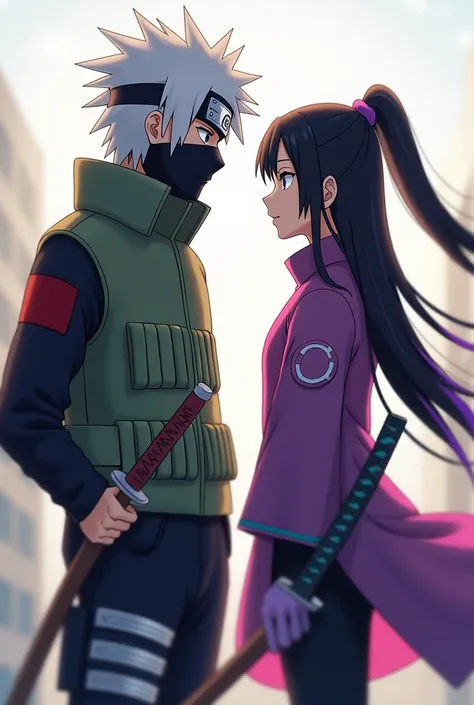  Kakashi Hatake with a girl next to him , They are in front of us ,  Kakashi has white hair and wears a mask ,  she is wearing a purple and pink ninja outfit with blue details, her hair is black with a purple lock , Her hair goes up to her waist ,  she has...