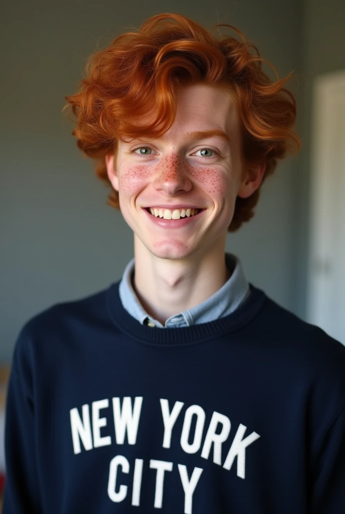 a young man. 24 years old.  He has freckles and an honourable round face. He has fox red hair ,  that is wavy and almond-shaped , brown green eyes .  He is still slim .  He is wearing a navy sweater with a  "NEW YORK CITY" inscription.  He looks very funny...