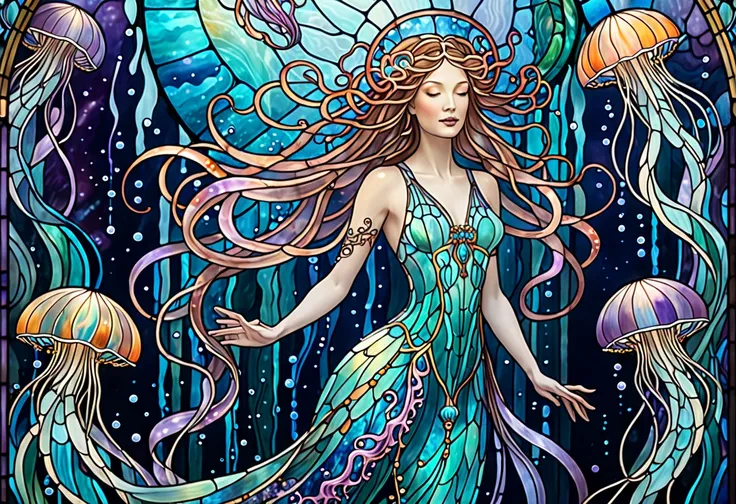 A close up of a stained glass picture featuring many graceful jellyfish swimming through an ethereal, dreamlike aquatic realm, Vector art by Meredith Dillman, Shutterstock, Art Nouveau, Cthulhu-inspired, anthropomorphic jellyfish, a jellyfish goddess, vibr...