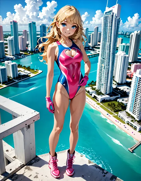 (masterpiece), (best quality), (high res), 4k, 8k, 1girl, solo, solo focus, (leotard, competition swimsuit, pink leotard with blue accents:1.2, sleeveless, bare legs), matching boots, looking at the viewer, Miami city backdrop, (perfect hands:1.2), perfect...