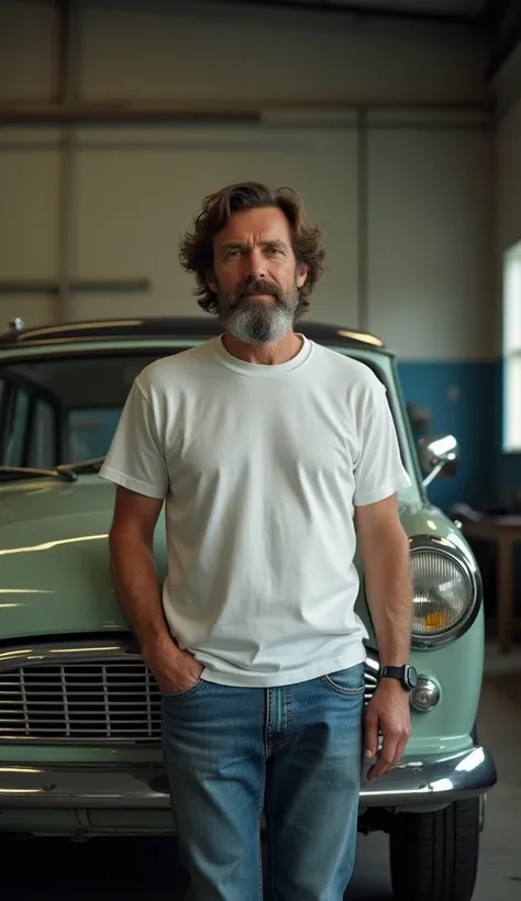 A middle-aged man,  open plan, full body with brown hair and beard flecked with gray, dressed in a white T-shirt and jeans, is in an auto repair shop, leaning on the hood of a classic Opal car. He looks directly into the camera with a nostalgic gaze, conve...