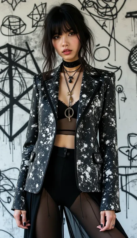 A high-fashion editorial featuring an Asian woman styled in a bold black-and-white splattered blazer with distressed edges, paired with sheer asymmetrical chiffon trousers. Her dark, slightly disheveled hair and graphic makeup mirror the theme of controlle...