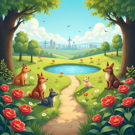  A beautiful, cute and bright natural scene，There are seven or eight small animals ， In the scene, there is a path that winds to the distance ， and lots of red flowers blooming around ，There is a small circular lake in the distance， The middle scene includ...