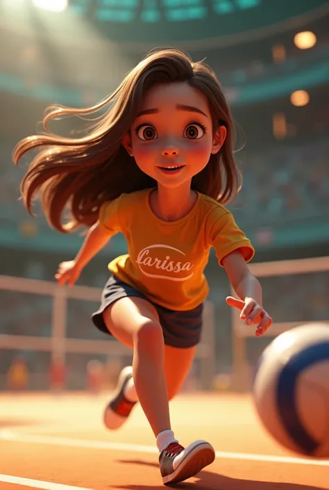 I want one getting cut on a volleyball court .Disney Pixar style and also long hair and brown eyes and the name Larissa on the shirt and the cut movement is a volleyball movement or it could be a headline 