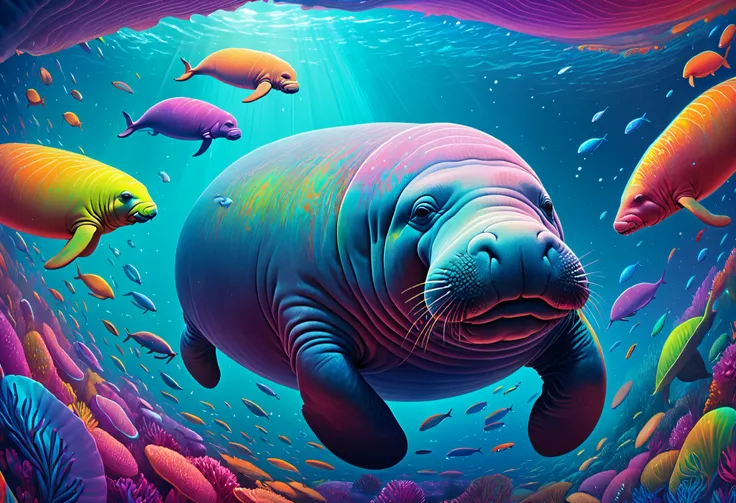 Manatee painting on colorful background, Arthur Pan ,  shutterstock contest winner  ,  psychedelic art ,  just a joke ,  Beeple and Jeremiah Kettner , Manatee,  Michael Page , Beautiful art uhd 4k, Artistic 4k,  Colourful and Detailed Drawings , ,  Greg Be...