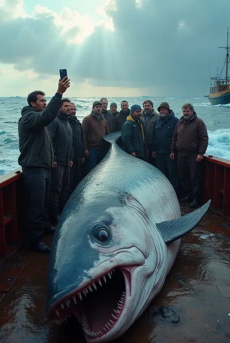 Fishermen taking photo with cellphone of the giant fish on the ground inside the big boat on the high seas 