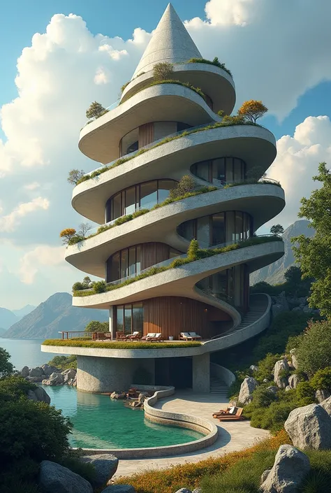 house, architecture, spiral cone, fusion of concrete and wood, modern oasis, fantasy illustration style art, ultra detailed, absolutely resolution, masterpiece