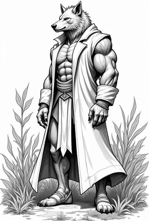 A realistic drawing outline ,  in black with thick lines and white background without shading,  of a muscular werewolf , Tall and magical ,  wearing modern white magicians outfit, White magician cover , white shoes , With vegetation in the background 