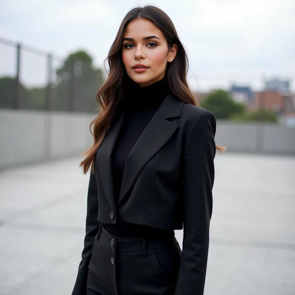 A young woman of Middle Eastern descent, positioned slightly off center, is featured from the mid-section up. She has long, dark brown hair styled in loose waves, and is wearing a sophisticated, slightly cropped black blazer over a fitted black turtleneck ...