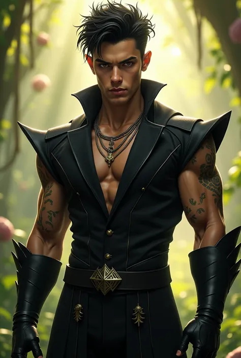  An attractive man has , 23 years old,  dark black hair, , seeds,  with some stubborn tufts ,  silver eyes ,  perfectly arched eyebrows ,  sensual lips and full lips , fae,  villainous features ,  athletic and muscular build ,  beautiful, muscular,  tattoo...