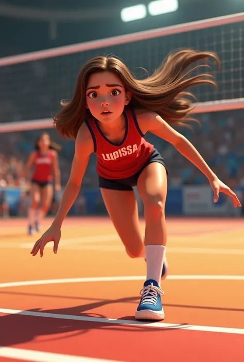 I want one getting cut on a volleyball court .Disney Pixar style and also long hair and brown eyes and the name Larissa on the shirt and the cut movement is a volleyball movement or could it make a better headline than that 