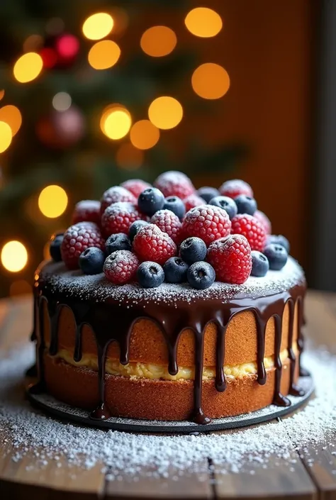 Christmas cake, with berries ,  chocolate syrup dripping on the edges ,  sugar sprinkled as if it were snow on a wooden table, Christmas lights background 
