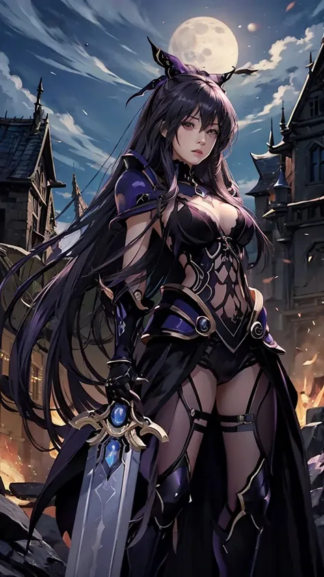 masterpiece, 最佳quality,  high detail,  Fantasy Medieval ，Castlevania， Beautiful Female Warrior ， red eyes ，Small Mouth，Bangs, long hair, head jewelry，Big breasts， Wearing a Black Dress，Bare Belly， Black Cloak ，  Black Armor Gloves ， Black Armor Shoes ， Moo...