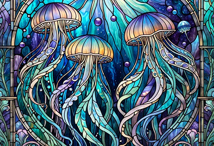 A close up of a stained glass picture featuring many graceful jellyfish swimming through an ethereal, dreamlike aquatic realm, Vector art by Meredith Dillman, Shutterstock, Art Nouveau, Cthulhu-inspired, anthropomorphic jellyfish, vibrant flowing tentacles...