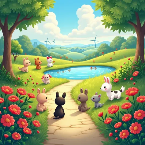  A beautiful, cute and bright natural scene，There are seven or eight small animals ， In the scene, there is a path that winds to the distance ， and lots of red flowers blooming around ， There is a small circular lake in the distance， The middle scene inclu...