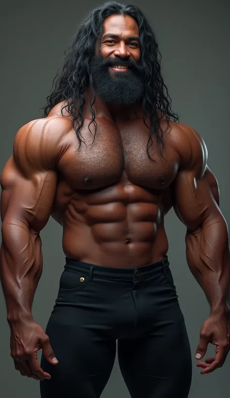 Solo, bara, fat, super muscular, long hair, black hair, black skin, man, male, handsome, tall, looming, black beard, long beard, Teeth, Smile, bodybuilder, wrestler friendly, hairy chest, wide shoulders. High Resolution, Masterpiece, High Quality, Super De...