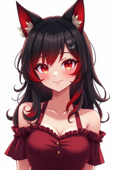 Cartoon female character cartoon black hair with reddish bangs reddish black eyes wolf ears dark red dress white background half body