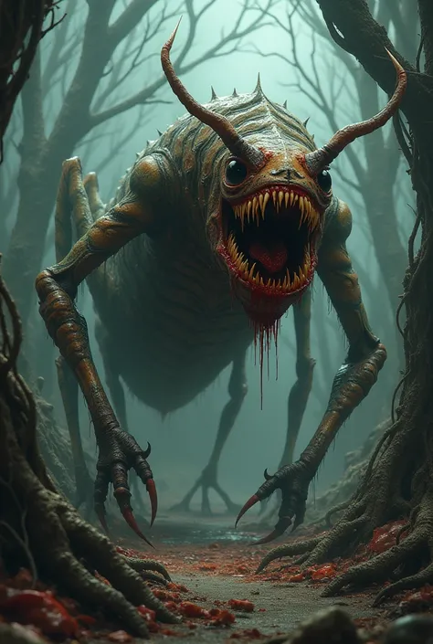 Create a monster filled with teeth and claws that look like a monstrous grasshopper