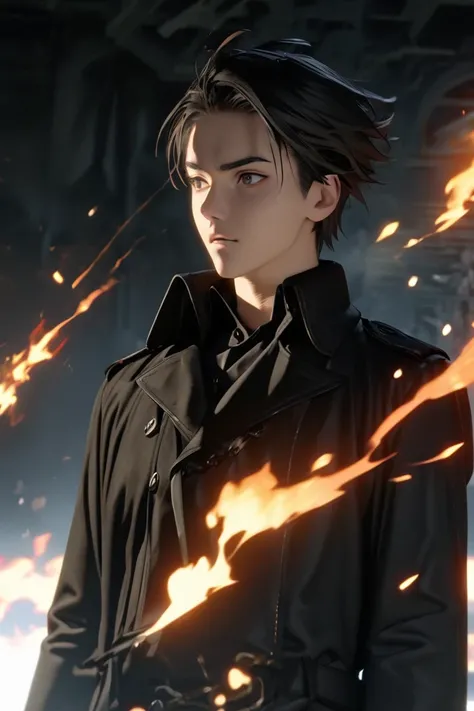  high resolution ,  black hair, HD model,  short hair,  animated, 24 year old man, pyrokinesis, black trench coat, dark clothes