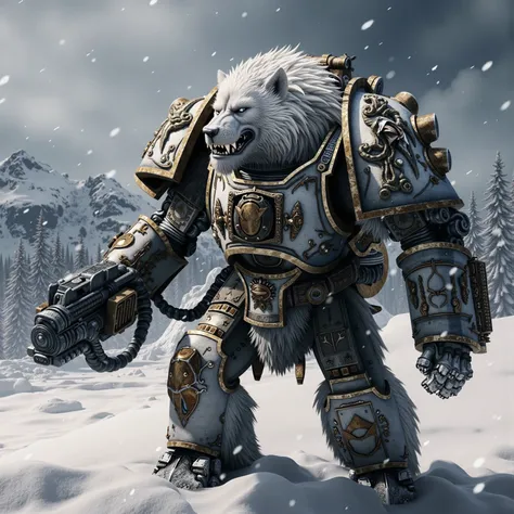 A Space Marines in the World of Warhammer 40K ,is battling a giant wolf in a snowy environment,high detailed skin, realistic skin details, visible pores , sharp focus, 8k uhd, dslr camera, high quality, film grain, fair skin, photorealism, translucent 