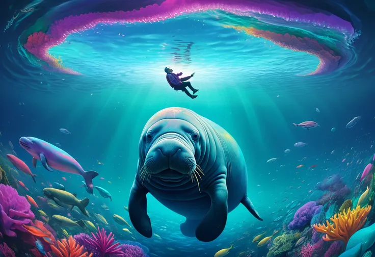 カラフルな背景の水中のManateeの絵, Arthur Pan ,   Shutterstock Contest Winner ,  psychedelic art ,  just a joke ,   Beeple and Jeremiah Kettner , Manatee,  Michael Page , Beautiful art uhd 4k, Artistic 4k,  Colourful and Detailed Drawings , ,  Greg Beeple 