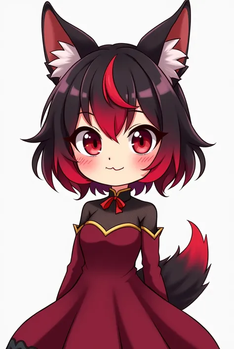 Cartoon female character cartoon black hair with reddish bangs reddish black eyes wolf ears dark red dress white background full body 