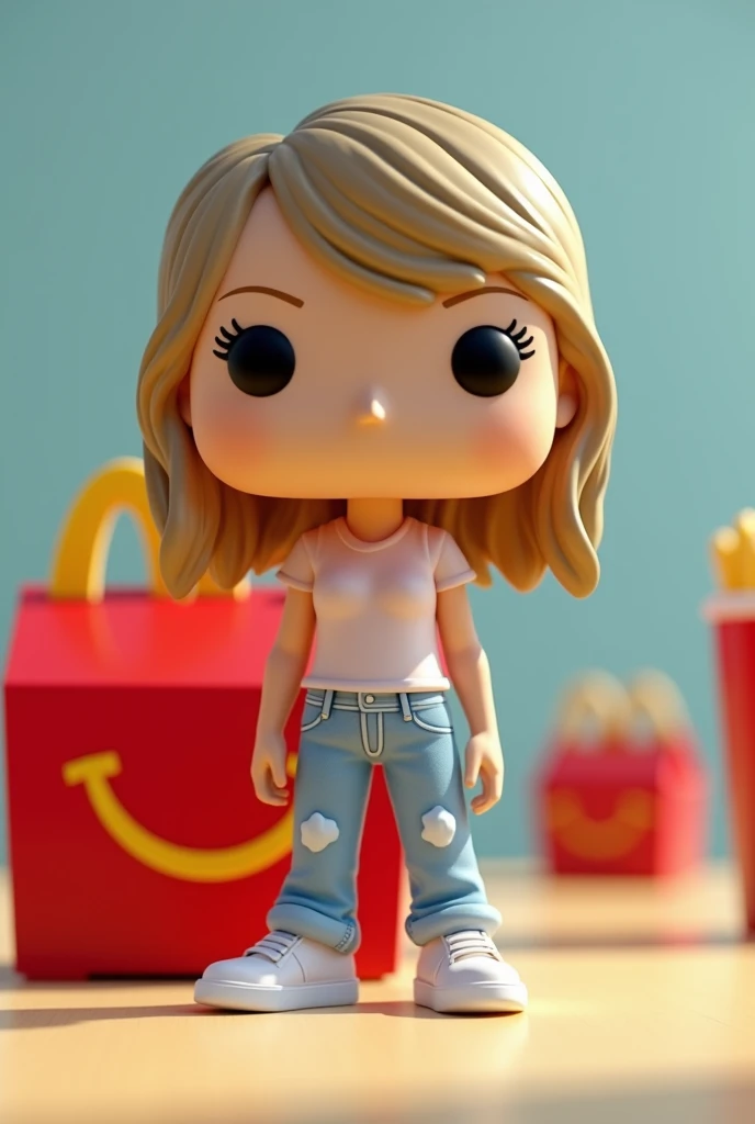  Create an image inspired by Taylor Swift ( wearing casual clothes )  to create a Funko toy for the McDonalds happy box ( that appears next to or in front of the McDonalds happy box )