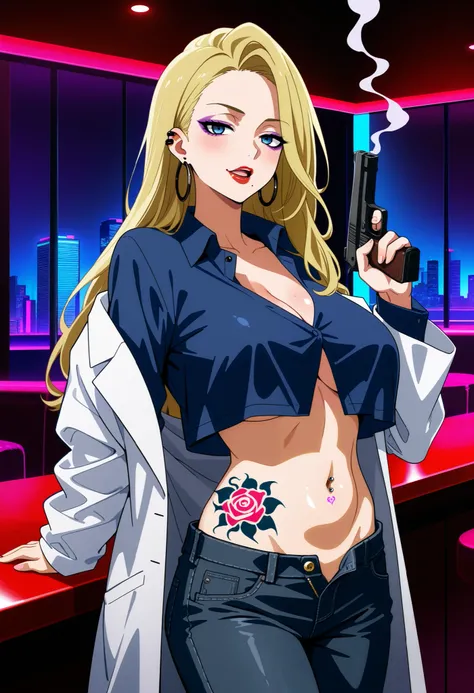 konuki sensei, blonde hair, long hair, blue eyes, purple eyeliner, red lips, mole under mouth, hoop earrings, labcoat, blue shirt, collared shirt, black skirt, ear piercing, long hair, blush, lipstick,Hot girl, baddie, bad attitude, mean girl,smoking, sens...