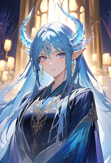 a woman with a magical and mysterious aura, beautiful and mature. He has long night blue hair (his hair is dark blue and the ends of his hair are black), transparent ice horns resembling a dragon, and elf ears that emphasize his mystical impression. His ey...