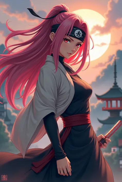 Generate a long medium-dark pink haired Naruto character with a ninja band