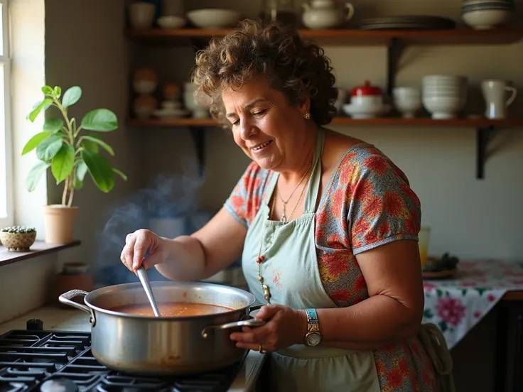 " A woman with curled hair and a colorful dress with apron is in her kitchen . Dona Florinda seems calm ,  confusing in a pot of soup on the stove .  The environment is decorated with simple furniture ,  shelves with crockery and a table with a floral prin...