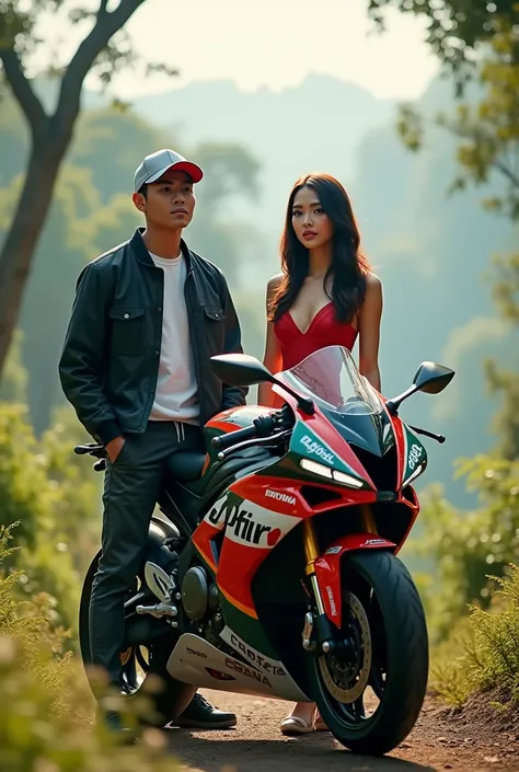 WSBK man wearing Indonesian basketball cap 27 years old standing up sweater t-shirt jacket and beautiful woman wearing sexy dress standing next to there is a Jupiter MX 4 cylinder racing bike livery prima Pramac nature landscape background 